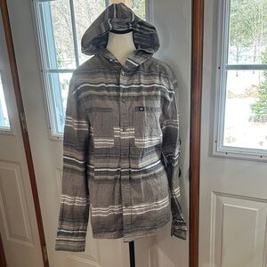 Tentree Hooded Gray Striped Linen-Cotton Button Up Shirt